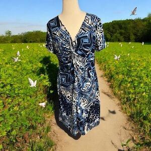 Christopher Banks, dress, twist at bust poly spdx blue blk white geo des…